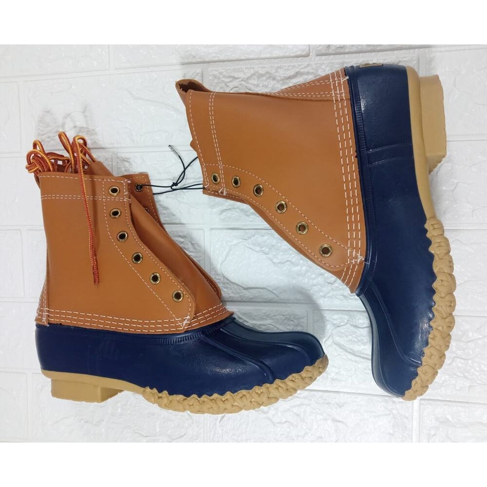 L.L.Bean Boots Duck DM Leather Waterproof Rain Brown Blue USA Made W 8 M 7 NEW! - Picture 2 of 8